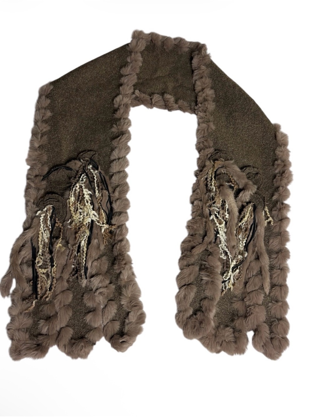 Brown rabbit fur trim fringe avant garde shawl wrap